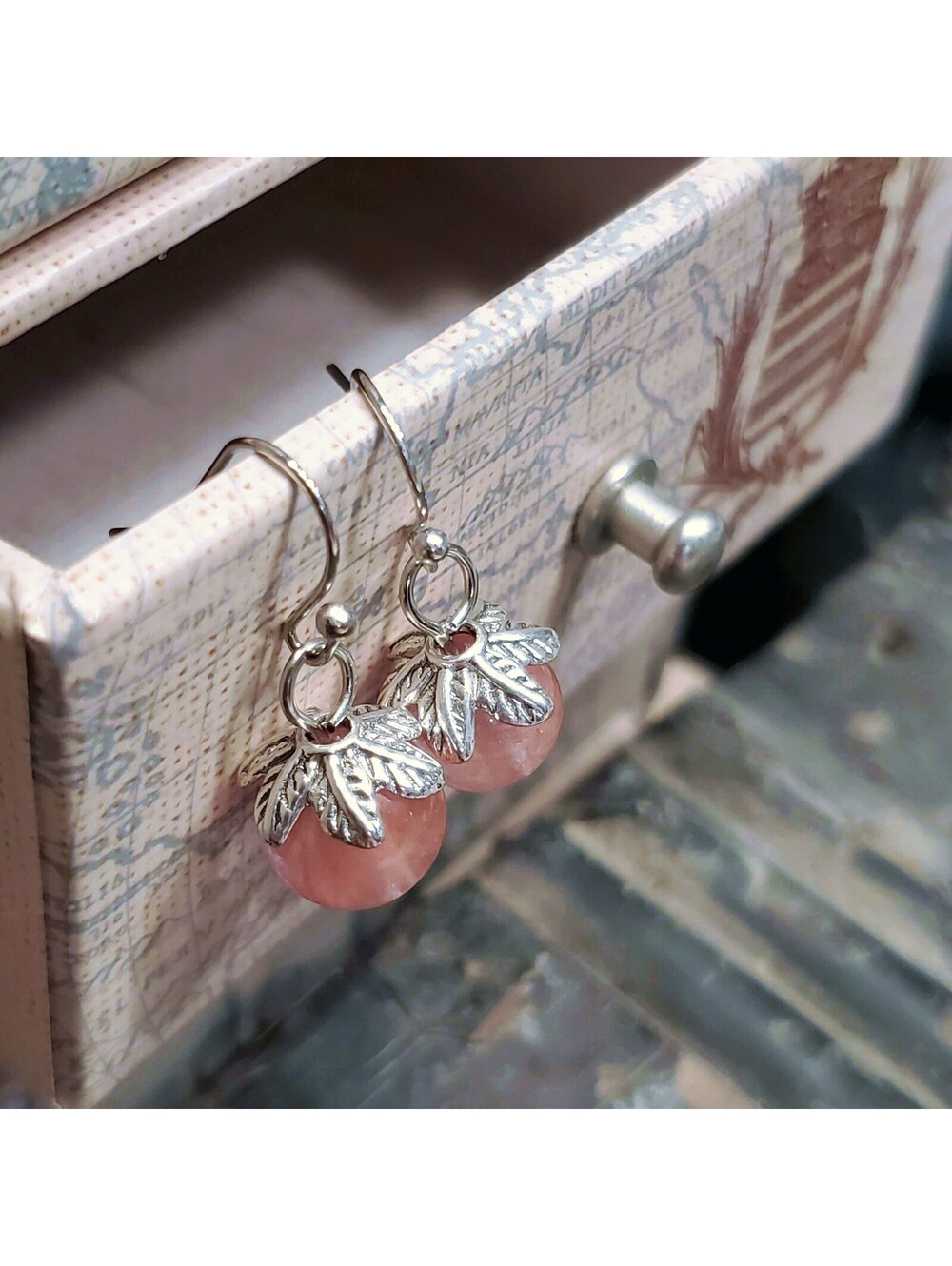 Cherry Quartz Gemstone Dangle Silver Platinum Plated Artsy Leaf Capped Earrings - Picture 4 of 11